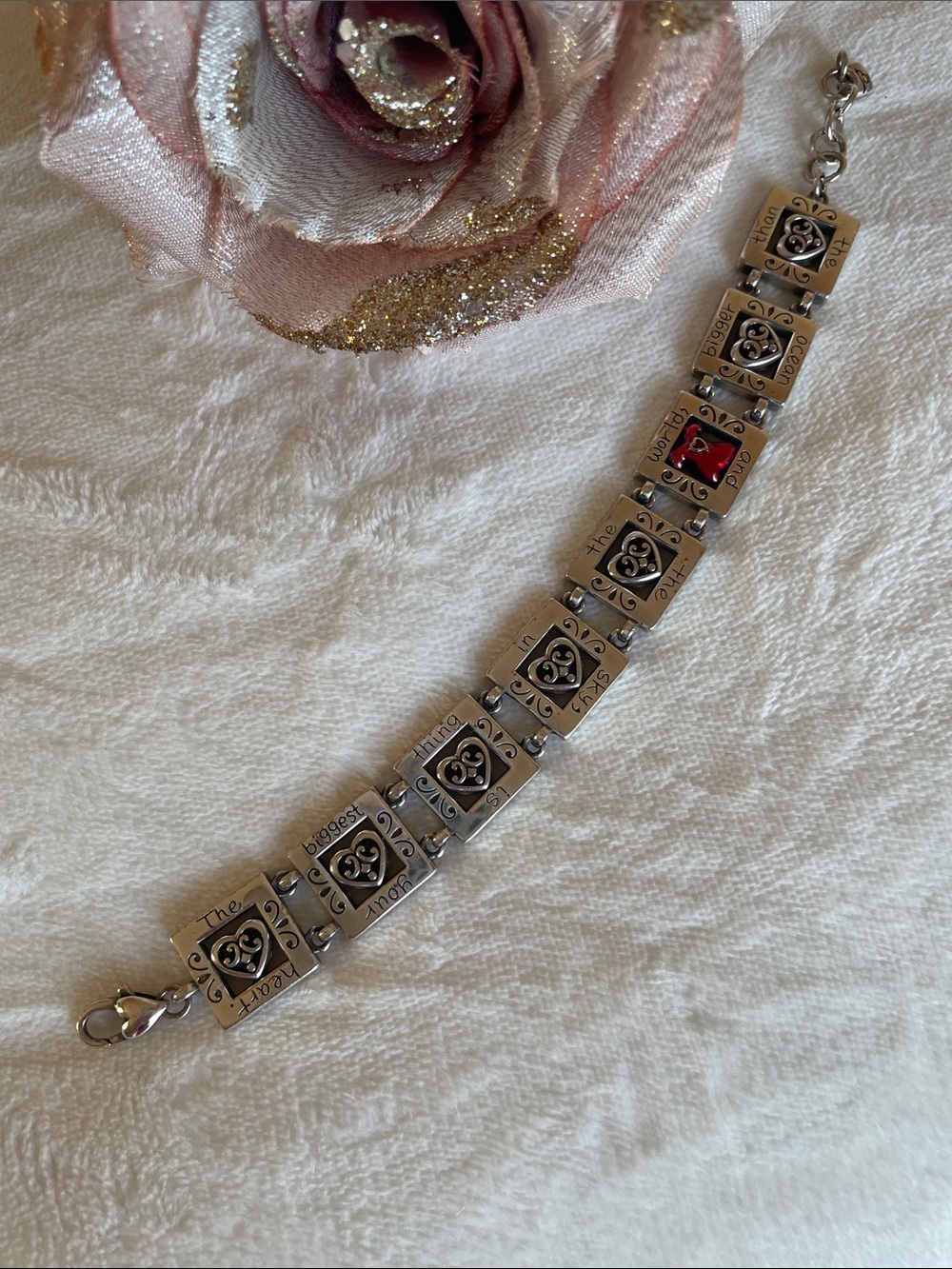 Vtg. Mint Brighton Red Dress Heart Square Link Bracelet Retired
